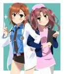  2girls :3 alternate_costume bangs belt black_necktie blue_background blue_jacket blue_shirt brown_eyes brown_hair clipboard closed_mouth cowboy_shot doctor dress dress_shirt hair_ribbon hand_in_pocket hat highres holding jacket labcoat locked_arms long_hair looking_at_viewer misaka_mikoto momoiro_tanuki multiple_girls necktie nurse nurse_cap open_clothes open_jacket outside_border pink_dress pink_hat ribbon shirai_kuroko shirt short_dress short_hair side-by-side smile standing stethoscope syringe to_aru_kagaku_no_railgun to_aru_majutsu_no_index twintails 