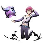  1boy androgynous belt collarbone divine_gate full_body glasses gowther groin helmet looking_at_viewer nanatsu_no_taizai navel official_art purple_hair shadow shirt solo transparent_background ucmm yellow_eyes 
