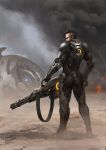  1boy ammunition_belt brown_hair dust earpiece fire from_behind gatling_gun gun highres holding holding_gun holding_weapon looking_to_the_side original power_suit profile puz_lee shell_casing short_hair smoke solo standing weapon 