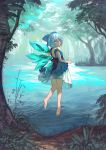  1girl barefoot berabou blue_bow blue_dress blue_eyes blue_hair bow cirno day dress full_body hair_bow highres ice ice_wings lake looking_at_viewer nature outdoors short_hair solo touhou tree wings 