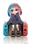  1girl :&gt; absurdres bike_shorts blue_hair brown_shoes domino_mask full_body highres hood hoodie inkling long_sleeves mask multicolored_hair nintendo_switch pointy_ears puchiman redhead shoes simple_background sitting smile solo splatoon tentacle_hair two-tone_hair white_background zipper 