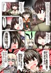  &gt;_&lt; /\/\/\ 3girls anger_vein blush breasts brown_eyes brown_hair cannon closed_eyes comic commentary_request double_bun elbow_gloves embarrassed flight_deck gloves highres hyuuga_(kantai_collection) japanese_clothes kantai_collection katana large_breasts machinery multiple_girls neckerchief nontraditional_miko open_mouth ouno_(nounai_disintegration) rensouhou-chan school_uniform sendai_(kantai_collection) serafuku shimakaze_(kantai_collection) short_hair sitting skirt speech_bubble striped striped_legwear sword translation_request turret two_side_up undershirt weapon 
