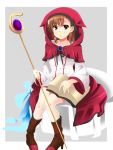  1girl alternate_costume bangs blue_background book boots brown_boots chair collarbone dress flower full_body hair_flower hair_ornament highres holding holding_book long_sleeves looking_at_viewer magician misaka_mikoto momoiro_tanuki outside_border parted_lips red_hood short_hair sitting solo staff to_aru_kagaku_no_railgun to_aru_majutsu_no_index white_dress 