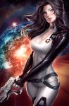  1girl absurdres black_hair blue_eyes bodysuit breasts choker cleavage gun highres holding holding_weapon lipstick long_hair looking_at_viewer madeleineink makeup mass_effect mass_effect_2 miranda_lawson skin_tight smile space star weapon 