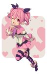  1girl demon_girl emelia_pris head_wings long_hair low_wings mismatched_legwear one_eye_closed open_mouth pink_eyes pink_hair pointy_ears pop-up_story skirt smile solo striped striped_legwear succubus thigh-highs twintails wings 