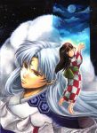  1boy 1girl brown_eyes brown_hair checkered checkered_kimono child closed_mouth clouds commentary expressionless facial_mark forehead_mark full_body full_moon fur inuyasha japanese_clothes kimono marker_(medium) moon night night_sky pointy_ears rin_(inuyasha) sesshoumaru silver_hair sky standing standing_on_one_leg takenoko_(flamingo_garden) traditional_media watercolor_(medium) 