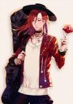  1boy alternate_costume closed_eyes fate/grand_order fate_(series) flower grey_background hat instrument_case jacket jewelry long_hair male_focus necklace red_eyes redhead rose shei99 simple_background solo tristan_(fate/grand_order) upper_body 