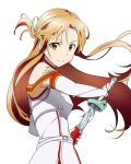  1girl asuna_(sao) breastplate brown_eyes brown_hair detached_sleeves dress floating_hair from_side holding holding_sword holding_weapon long_hair looking_at_viewer sheath simple_background smile solo standing sword sword_art_online unsheathing upper_body very_long_hair weapon white_background white_dress 