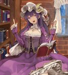  1girl adapted_costume artist_request bangs book bookshelf breasts cleavage corset crescent crescent_hair_ornament curtains dress hair_ornament hat head_tilt highres index_finger_raised indoors long_hair long_sleeves looking_at_viewer medium_breasts mob_cap open_mouth patchouli_knowledge purple_dress purple_hair solo touhou violet_eyes window 