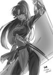  1girl arm_up bodysuit boomerang breasts cowboy_shot english female greyscale high_ponytail hime_cut hiraikotsu holding holding_weapon inuyasha katana large_breasts long_hair looking_at_viewer monochrome ponytail sango smile solo sword tougetsu_sou weapon 