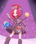  1girl aliun alternate_costume black_boots black_dress boots chains clothes_writing collar dress earth_(ornament) hecatia_lapislazuli long_sleeves looking_at_viewer microphone moon_(ornament) polos_crown red_eyes redhead short_dress smirk solo touhou 