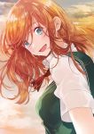  1girl :d blue_eyes clouds cloudy_sky collared_shirt evening eyebrows_visible_through_hair fly_333 long_hair looking_at_viewer neck_ribbon open_mouth orange_hair outdoors red_ribbon ribbon shiny shiny_hair shirt short_sleeves sky smile solo white_shirt wing_collar 