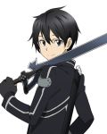  1boy black_eyes black_gloves black_hair fingerless_gloves gloves hair_between_eyes hand_on_hip holding holding_sword holding_weapon kirito looking_at_viewer looking_back sheath simple_background smile solo sword sword_art_online upper_body weapon white_background 