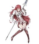  1girl armor belt boots breastplate breasts dress fire_emblem fire_emblem:_kakusei fire_emblem_heroes garter_straps gauntlets hair_ornament highres holding holding_weapon long_hair medium_breasts official_art polearm red_eyes redhead short_dress skirt solo spear thigh-highs cordelia_(fire_emblem) torn_clothes transparent_background ueda_yumehito weapon zettai_ryouiki 