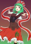  1girl boots breasts corset cross-laced_footwear dress front_ponytail gradient gradient_background green_eyes green_hair hair_ribbon highres kagiyama_hina kakone knee_boots open_mouth outstretched_arms puffy_short_sleeves puffy_sleeves red_dress ribbon short_sleeves small_breasts solo spinning touhou 