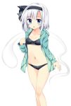  1girl bangs bikini black_bikini black_ribbon blue_eyes blush breasts collarbone hair_ribbon highres konpaku_youmu looking_at_viewer maturiuta_sorato navel ribbon silver_hair simple_background small_breasts solo swimsuit touhou white_background 