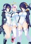  3girls :o ;d bare_legs black_boots black_footwear black_hair blue_background blush boots breasts collar crotch drawstring emperor_penguin_(kemono_friends) expressionless eyebrows_visible_through_hair eyelashes grey_hair hair_between_eyes hair_ornament hair_over_one_eye headphones hood hooded_jacket humboldt_penguin_(kemono_friends) jacket kemono_friends large_breasts leotard light_brown_eyes long_hair long_sleeves looking_at_viewer low_twintails mirai_denki multicolored_hair multiple_girls navel one_eye_closed one_leg_raised open_clothes open_jacket open_mouth orange_hair outstretched_arms pink_boots pink_footwear pocket red_eyes royal_penguin_(kemono_friends) shoelaces short_hair sidelocks simple_background smile socks tareme teeth thigh-highs tsurime turtleneck twintails two-tone_hair white_hair white_leotard yellow_eyes zipper 