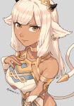  1girl absurdres animal_ears arm_strap bare_shoulders breasts brown_eyes choker close-up cow_ears cow_horns dark-skinned_female dark_skin ear_piercing fire_emblem fire_emblem_heroes gold_trim highres horns peach11_01 piercing sleeveless twitter_username white_hair 