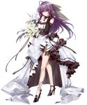  1girl ahoge bangs black_dress black_gloves bouquet corset detached_collar dress elbow_gloves flower full_body gloves hair_flip high_heels layered_dress long_hair looking_at_viewer original pink_eyes purple_hair solo standing swept_bangs tattoo wedding_dress white_background zjsstc 