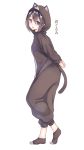  1girl animal_costume animal_ears arms_behind_back bangs black_hair black_legwear blue_eyes blush cat_costume cat_ears cat_tail eyebrows eyebrows_visible_through_hair from_side hair_between_eyes highres kyoo-kyon_(kyo-kyon) long_sleeves looking_at_viewer looking_to_the_side onesie open_mouth original shiny shiny_hair short_hair simple_background smile socks solo suzunari_shizuku tail translation_request white_background 