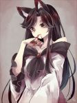  1girl animal_ears blood blood_from_mouth blood_on_fingers brown_hair dress finger_licking frilled_sleeves frills imaizumi_kagerou licking long_hair long_sleeves m_(neteitai10) touhou wide_sleeves wolf_ears yellow_eyes 
