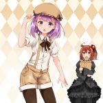 2girls adjusting_clothes adjusting_hat ahoge alternate_costume argyle argyle_background argyle_bow argyle_trim black_dress black_legwear blush bow brown_eyes brown_hair brown_legwear cabbie_hat center_frills chestnut_mouth dress dress_shirt fate/grand_order fate_(series) flower food_in_mouth frilled_dress frills fujimaru_ritsuka_(female) furrowed_eyebrows gothic_lolita hair_flower hair_ornament hand_on_headwear hat hat_bow helena_blavatsky_(fate/grand_order) holding_bag juliet_sleeves lolita_fashion long_sleeves mishin_(mbmnk) mouth_hold multiple_girls one_side_up open_mouth pantyhose pantyhose_under_shorts puffy_sleeves purple_hair shirt short_hair shorts violet_eyes 