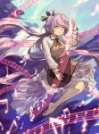  1girl barefoot berabou biwa_lute dress flower full_body hair_flower hair_ornament highres instrument long_hair long_sleeves looking_at_viewer lute_(instrument) music musical_note playing_instrument purple_hair solo touhou tsukumo_benben very_long_hair violet_eyes white_dress 