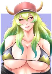  1girl arms_at_sides artist_name bangs bare_shoulders baseball_cap bikini_top blonde_hair blush breasts cleavage closed_mouth clothes_down collarbone dragon_girl dragon_horns eyebrows_visible_through_hair gradient gradient_eyes gradient_hair green_eyes green_hair hair_between_eyes hat heterochromia highres horns huge_breasts kobayashi-san_chi_no_maidragon lips long_hair looking_at_viewer micro_bikini_top multicolored multicolored_eyes multicolored_hair pink_hat pink_lips quetzalcoatl_(maidragon) smile solo strap_gap string_bikini upper_body violet_eyes wavy_hair yellow_pupils zelknight 