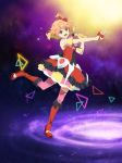  1girl :d blonde_hair boots bow brown_hair freyja_wion from_side green_eyes hair_bow hair_ornament heart_hair_ornament high_heel_boots high_heels holding holding_microphone looking_at_viewer macross macross_delta microphone multicolored multicolored_clothes multicolored_hair multicolored_skirt one_eye_closed one_leg_raised open_mouth outstretched_arm pink_legwear red_boots red_bow skirt smile solo thigh-highs two-tone_hair 