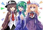  3girls :d ;d arm_around_shoulder black_hat black_skirt blonde_hair blue_eyes blue_skirt bow bowtie brooch brown_coat brown_eyes brown_hair coat collared_shirt commentary_request detached_sleeves dress e.o. fedora frilled_sleeves frills frog_hair_ornament green_hair hair_bow hair_ornament hair_ribbon hand_on_another&#039;s_shoulder hat hat_bow jewelry kochiya_sanae long_hair long_sleeves maribel_hearn mob_cap multiple_girls necktie one_eye_closed open_mouth purple_dress red_bow red_bowtie red_necktie ribbon shirt skirt smile snake_hair_ornament touhou trench_coat tress_ribbon usami_renko violet_eyes white_background white_bow white_hat white_shirt wide_sleeves 