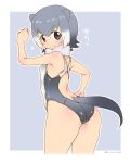  1girl animal_ears ass black_eyes breasts grey_hair hand_on_hip highres kemono_friends looking_at_viewer looking_back mudou_eichi multicolored_hair oriental_small-clawed_otter_(kemono_friends) otter_ears otter_tail short_hair simple_background small_breasts smile solo standing swimsuit tail two-tone_hair 