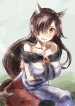  1girl animal_ears blush breast_hold breasts brown_hair crossed_arms dress_shirt fangs imaizumi_kagerou large_breasts long_hair looking_at_viewer low_ponytail open_mouth red_eyes shawl shirt solo tail touhou wolf_ears wolf_tail yohane 