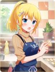  apron battle_girl_high_school blonde_hair blue_eyes blush food kitchen kougami_kanon looking_at_viewer musical_note_hair_ornament official_art open_mouth 