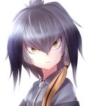  1girl eyebrows_visible_through_hair grey_hair grey_shirt hair_between_eyes head_wings highres kemono_friends looking_at_viewer minust necktie shirt shoebill_(kemono_friends) short_hair simple_background solo upper_body white_background white_necktie yellow_eyes 