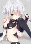  1girl assassin_of_black black_legwear black_panties breasts dagger fate/apocrypha fate_(series) green_eyes looking_at_viewer navel one_eye_closed panties scar short_hair silver_hair simple_background sitting small_breasts solo tattoo thigh-highs tousaki_shiina underwear weapon 
