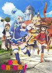  1boy 3girls aqua_(konosuba) arm_up armor armored_boots asymmetrical_legwear bag bandage belt black_gloves black_hair black_legwear black_pants blonde_hair blue_boots blue_eyes blue_hair blue_shirt blue_skirt boots brown_boots brown_eyes brown_hair cape collar collarbone copyright_name darkness_(konosuba) detached_sleeves dress eyebrows_visible_through_hair fingerless_gloves floating_hair gloves hair_ornament hat high_ponytail key_visual kikuta_kouichi kono_subarashii_sekai_ni_shukufuku_wo! long_hair looking_back megumin miniskirt multiple_girls official_art one_eye_closed open_mouth orange_boots pants red_dress running satou_kazuma see-through shirt short_hair short_hair_with_long_locks sidelocks skirt sleeveless sleeveless_shirt thigh-highs thigh_boots white_legwear witch_hat 