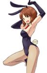  1girl alternate_costume animal_ears aono3 arms_up ascot bangs black_gloves black_leotard black_shoes breasts brown_eyes brown_hair bunny_tail bunnysuit cowboy_shot detached_collar elbow_gloves fake_animal_ears fake_tail fishnet_pantyhose fishnets from_side girls_und_panzer gloves highres leg_up leotard looking_at_viewer medium_breasts nishizumi_miho open_mouth pantyhose rabbit_ears shoes short_hair sideboob simple_background smile solo standing standing_on_one_leg strapless strapless_leotard tail white_background 