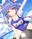  blue_hair blue_sky breasts clpud fang hair_ribbon i-19_(kantai_collection) kantai_collection large_breasts long_hair name_tag ocean one-piece_swimsuit open_mouth red_eyes ribbon school_swimsuit sky star swimsuit symbol-shaped_pupils torpedo twintails water water_drop 