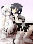  2girls abyssal_twin_hime_(black) abyssal_twin_hime_(white) arms_behind_back ass bed black_hair blue_eyes breasts cleavage_cutout commentary_request dress elbow_gloves gloves gomasamune hair_ornament hand_on_own_ass highres kantai_collection kneeling legs_apart looking_at_viewer looking_back multiple_girls on_bed open_mouth partly_fingerless_gloves shinkaisei-kan short_hair small_breasts thigh-highs white_hair yellow_eyes zettai_ryouiki 