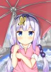  1girl azukiman bangs beads blue_eyes blunt_bangs butterfly dragon_girl hair_beads hair_ornament hairband kanna_kamui kobayashi-san_chi_no_maidragon lavender_hair long_hair looking_up rain ripples solo twintails umbrella water 