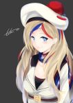  1girl beret blonde_hair blue_eyes blue_hair commandant_teste_(kantai_collection) grey_background hat kantai_collection long_hair multicolored multicolored_clothes multicolored_hair multicolored_scarf pom_pom_(clothes) ponytail redhead scarf signature solo streaked_hair tatsuno white_hair 