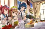  3girls :d ;) ^_^ apron badge bangs basket birthday_cake blue_hair blush bonnet bookshelf bread brown_eyes brown_hair button_badge cake center_frills chair clock closed_eyes corset cup curtains detached_sleeves flower food hair_bun hair_flower hair_ornament hands_together happy heart_hair_ornament highres indoors kunikida_hanamaru kurosawa_ruby long_hair love_live! love_live!_sunshine!! maid maid_headdress multiple_girls necktie one_eye_closed open_mouth orein painting_(object) pastry photo_(object) red_rose redhead rose short_sleeves side_bun sleeveless slice_of_cake smile steepled_fingers sweets table teacup teapot tsushima_yoshiko two_side_up violet_eyes waist_apron wall_clock window wristband 