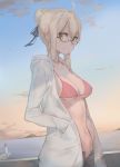  1girl absurdres ahoge bikini bikini_under_clothes black-framed_eyewear blonde_hair blush breasts cleavage condensation_trail cowboy_shot dutch_angle fate/grand_order fate_(series) glasses hair_bun hair_ribbon hand_in_pocket heroine_x heroine_x_(alter) highres hood hooded_jacket hoodie horizon jacket lighthouse looking_at_viewer medium_breasts navel open_fly outdoors pink_bikini ribbon saber saber_alter semi-rimless_glasses short_hair shorts sky smile solo strap_gap swimsuit under-rim_glasses yellow_eyes yohan1754 