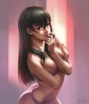  1girl artist_name black_hair bra breasts brown_eyes collarbone finger_to_mouth from_side hair_between_eyes hair_over_shoulder he_ran long_hair medium_breasts nail_polish original panties parted_lips pink_bra pink_nails pink_panties realistic solo underwear underwear_only 