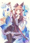  1girl black_legwear bow brown_eyes brown_hair dress flower frilled_dress frilled_sleeves frills hair_bow kakiman katana lolita_fashion long_hair looking_at_viewer pantyhose sheath sheathed solo sword watermark weapon web_address wide_sleeves 