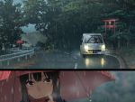  1girl alternate_costume amino_(tn7135) arch bangs black_eyes black_hair blue_coat blunt_bangs blurry blurry_background car close-up contemporary expressionless forest ground_vehicle guard_rail hakurei_reimu head_tilt long_hair looking_afar looking_to_the_side motor_vehicle multiple_views nature outdoors parted_lips railing rain realistic red_scarf red_umbrella reflection road scarf stone_lantern street torii touhou tree truck water water_drop 