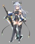  &gt;:( 1girl armpit_peek bare_shoulders black_gloves black_legwear blade blue_eyes breasts cleavage cleavage_cutout closed_mouth detached_sleeves dress fingerless_gloves full_body gloves gluteal_fold hair_between_eyes headgear holding holding_sword holding_weapon large_breasts long_hair long_sleeves looking_at_viewer microdress miyuki_rei original panties pantyshot pantyshot_(standing) sideboob silver_hair solo standing sword thigh-highs under_boob underwear weapon white_panties wide_sleeves 