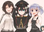  4girls black_hair dress female_admiral_(kantai_collection) folded_ponytail gloves green_eyes green_hair grey_eyes hat hayasui_(kantai_collection) isuzu_(kantai_collection) itomugi-kun jacket kantai_collection long_hair looking_at_viewer multiple_girls ooshio_(kantai_collection) peaked_cap pinafore_dress school_uniform short_hair short_twintails simple_background track_jacket twintails upper_body white_background white_gloves white_jacket 
