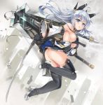  &gt;:( 1girl armpits ass bare_shoulders black_gloves black_legwear black_skirt blade blue_eyes breasts cleavage cleavage_cutout detached_sleeves dual_wielding fingerless_gloves floating_hair from_side full_body gloves hair_between_eyes headgear holding holding_sword holding_weapon huge_weapon large_breasts long_hair long_sleeves looking_at_viewer looking_to_the_side microskirt miyuki_rei original parted_lips sideboob silver_hair skirt solo sword thigh-highs under_boob weapon wide_sleeves 