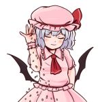  1girl ascot bat_wings batta_(ijigen_debris) blouse blush closed_eyes food hat hat_ribbon lavender_hair low_wings meme mob_cap nattou pink_blouse pink_skirt remilia_scarlet ribbon skirt skirt_set smile solo touhou wings 